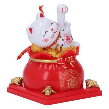 Imagem de Aramox Estatueta de Gato Solar, Estátua de Gato da Sorte Com Braço Ondulante e Bolsa de Fortuna Com Sensor de Luz Embutido, Ornamento de Artesanato de Plástico para Decoração de Carro (Vermelha)