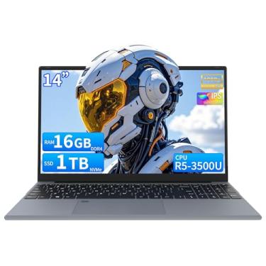 Imagem de AocBook Laptop de 14 polegadas, processador quad-core Ryzen 5 3500U (até 3,7 GHz), RAM DDR4 de 16 GB, SSD NVMe, notebook portátil com touchpad ajustável, interruptor de webcam de privacidade - cinza