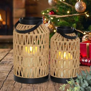 Imagem de Conjunto de 2 lanternas boho decorativas para ambientes internos, decoração moderna de casa de fazenda para melhorar sua casa, lanterna de vime natural feita à mão, decoração de lanternas chiques de