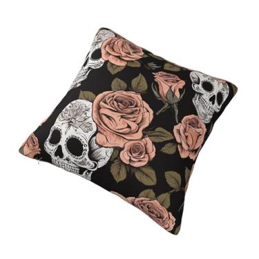 Imagem de Almofada quadrada decorativa com estampa de caveira rosa - Design reversível, zíper oculto, poliéster macio para sofá, cama e carro - Hipoalergênico 30,5 x 30,5 cm