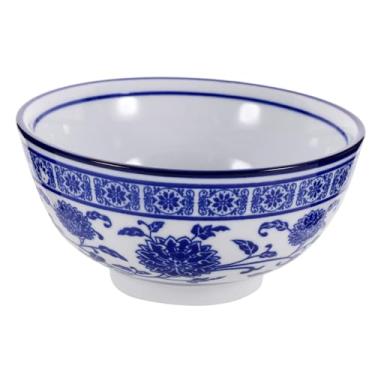 Imagem de YYBOES Tigela de porcelana azul e branca com pés em forma de vaso chinoiserie ornamento suporte de exibição tigela de ramen japonesa China pratos azuis e brancos decoração chinoiserie sobremesa