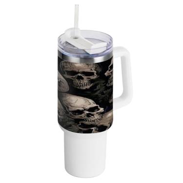 Imagem de Kigai Copo de 1,134 g com tampa e canudo, copo com isolamento de aço inoxidável durável à prova de vazamento de caveira cinza com alça, garrafas de água à prova de derramamento para viagens