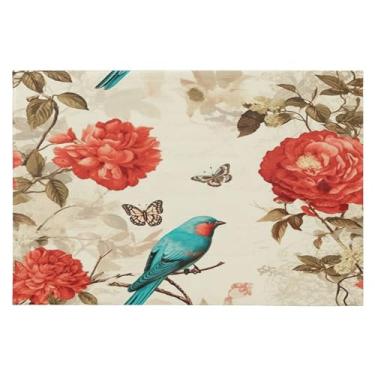 Imagem de Wassud Tapete de porta turquesa pássaros e flores 61 x 89 cm, tapete de área lavável antiderrapante com suporte de borracha, tapete macio e macio para sala de estar, quarto, entrada, entrada
