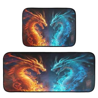 Imagem de xigua Conjunto de 2 peças de tapetes e tapetes de cozinha de dragão de fogo e gelo, absorventes macios para chão, tapete de cozinha, antiderrapante, conjunto de capachos, 50 x 120 cm + 50 x 70 cm