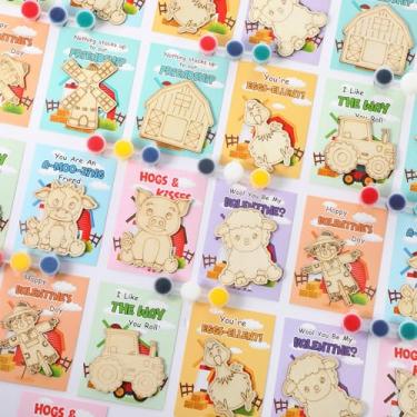 Imagem de Ctosree 28 Sets Farm Animal Valentines Party Favors Wooden Painting Crafts Kit Barnyard Birthday Gifts Party Supplies Arts with Paints Cards Brushes Heart Sticky Hands Bag Bulk Goodie Bags Stuffers