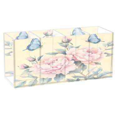 Imagem de Burbuja Porta-canetas de acrílico delicadas peônias e borboletas rosa, 4 compartimentos, suporte de lápis transparente para pincéis de maquiagem, acessórios de mesa de escritório em casa