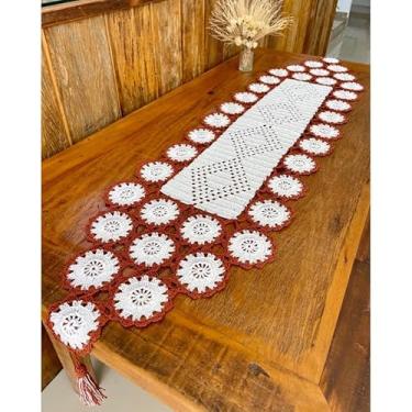 Imagem de Caminho De Mesa 1,50m Branco Com Detalhe Colorido Crochê (Tijolo)