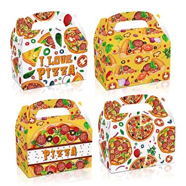 Imagem de 24 caixas de presente com tema de pizza com alças, designs coloridos e interessantes de impressão de pizza, perfeitos para festas de pizza, aniversários e presentes de comida