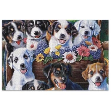 Imagem de Quebra-cabeça fofo de cachorrinho com flores, 1000 peças para adultos, jogos, arte, duros, para adultos, divertido, bobo