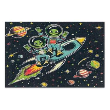 Imagem de Quebra-cabeça de alienígena e astronauta montando no foguete difícil para adultos com letras nas costas 1000 peças