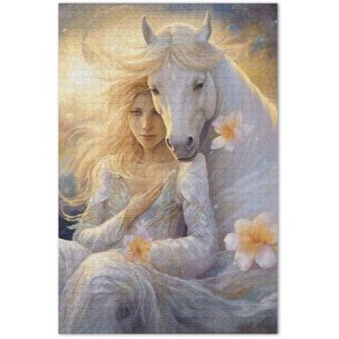 Imagem de Quebra-cabeça floral com pintura de cavalo branco, 1000 quebra-cabeças para adultos, presentes engraçados, exclusivos, impressão de arte animal, 75 x 40 cm