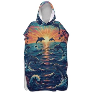 Imagem de Joisal Golfinhos oceano pôr do sol surf poncho trocador adulto plus size unissex adulto poncho com capuz impressão toalha de praia