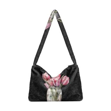 Imagem de Bolsa de pelúcia vermelha bege tricolor premium cinza aquarela, bolsa feminina, bolsa de ombro feminina, Flor de tulipa em aquarela rosa em vaso de vidro, One Size