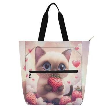 Imagem de GAIGEO Lindas bolsas de trabalho de gato siamês morango para mulheres, sacola de lona, praia, escola, bolsa reutilizável, para amantes de livros