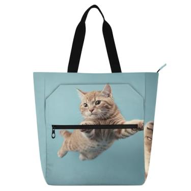 Imagem de GAIGEO Sacolas femininas engraçadas de gato fofo para trabalho, lona, praia, livros, bolsa com zíper, bolsa de professores com compartimentos