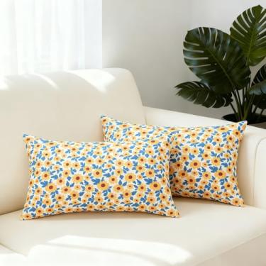 Imagem de Almofadas lombares florais de girassol à prova d'água para móveis de pátio, conjunto de 2 fronhas decorativas amarelas para sofá, varanda, cadeira, banco, reversível, casa de campo, fazenda, fronhas