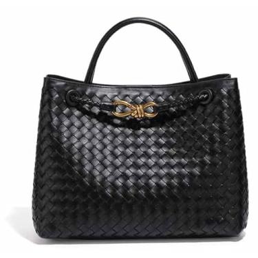 Imagem de Bolsas de tecido para mulheres, bolsa de ombro pequena com laço Hobo, bolsa tiracolo de couro PU, tecido à mão, 29 cm x 9,9 cm x 17,8 cm preta