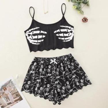 Imagem de Conjunto De Pijama Feminino Preto Com Estampa De Caveira 2 Peças: Blus