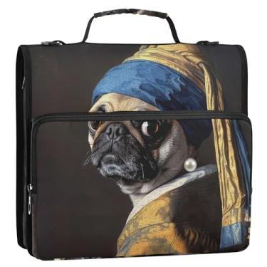 Imagem de Fichários engraçados para cães pug com brinco de pérola, 3 anéis, fecho de correr, fichário com alça, bolsa escolar de ensino médio, suporte para 500 folhas