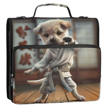 Imagem de Pasta organizadora colorida com zíper de 3,8 cm, 3 anéis, pose de karatê para cães fofos, vários bolsos, pastas grandes com alça para escola secundária