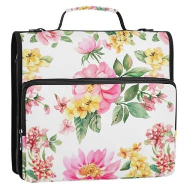 Imagem de Organizador de fichário durável com zíper, 3 anéis, 3 anéis, aquarela, floral, pasta de portfólio com alça para fichários escolares com alça de ombro