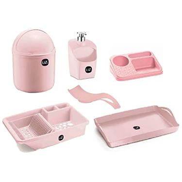 Imagem de Kit 6 Peças Utensílios Para Cozinha Com Lixeira E Escorredor De Louças UZ cor:Rosa