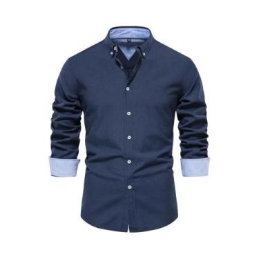Imagem de Camisa Oxford De Algodão Para Homens, Manga Longa, Botão Frontal, Casu