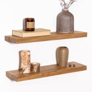 Imagem de Prateleiras flutuantes rústicas de 61 cm de comprimento, prateleiras flutuantes de madeira sólida de olmo para parede, prateleiras de armazenamento montadas na parede para sala de estar, quarto