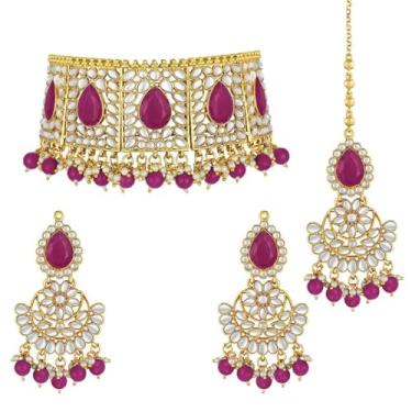 Imagem de Aheli Bridal Kundan Colar gargantilha de pérolas falsas com brincos Maang Tikka presente para mulheres indiano tradicional Bollywood Fashion Jewelry Set, Standard, Metal, Sem Pedra Preciosa