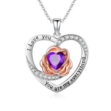 Imagem de Colar de coração rosa para mulheres, ouro rosa 14K, preenchido com pingente I Love You, aniversário, Natal, Dia dos Namorados, presentes para mulheres, esposa, filha, pedra do mês de nascimento com