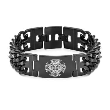 Imagem de Hipunk Pulseira masculina de aço inoxidável com elos viking - mitologia nórdica, nó celta, lua crescente, triskelion, triskele, martelo de Thor, pulseira de corrente preta, One Size, Aço inoxidável