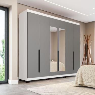 Imagem de Guarda-roupa Casal 6 Portas com Espelho Madrid Cinza/Branco
