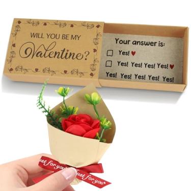 Imagem de PAIVSUN Cartão Will You Be My Valentine, caixa de fósforos feita à mão com mini rosa para ela, ele, esposa, marido, namorado, namorada, presente surpresa de aniversário de casais (retrô)
