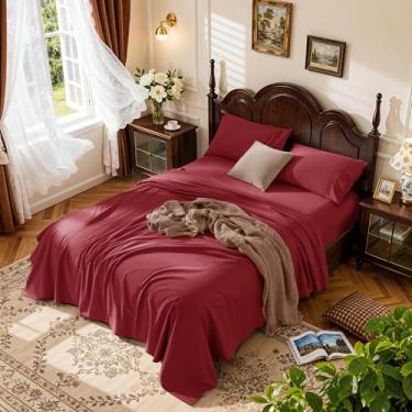 Imagem de LBRO2M Jogo de lençol 100% algodão com bolso profundo de 48 cm, 1000 fios, tamanho casal, 4 peças, roupa de cama macia e confortável para todas as estações (Casal, Borgonha)