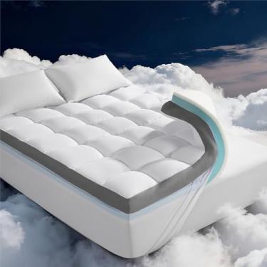 Imagem de Colchão Queen de camada dupla de 12 cm, almofada de espuma viscoelástica de gel refrescante de 6,3 cm e almofada de colchão de espuma desfiada de 6,3 cm, cobertura extra firme e grossa para alívio da