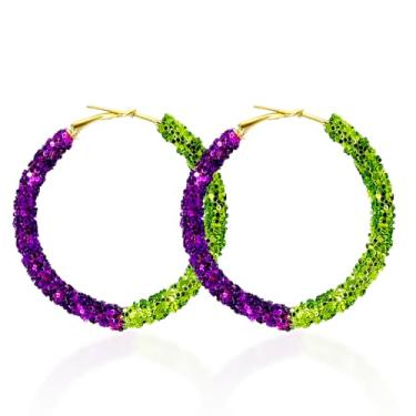 Imagem de MAQVQLU Brincos de Mardi Gras para mulheres, roxo, amarelo, verde, argola, strass, Mardi Gras, joias de carnaval, Metal, Sem pedra preciosa