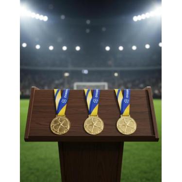 Imagem de Kit 3 Medalhas Dourada Premium Brilhante para Futebol Campeão de Metal