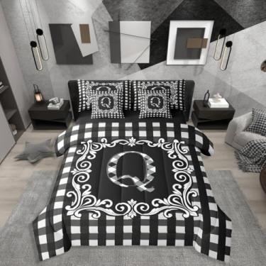 Imagem de Erosebridal Conjunto de cama de casal xadrez buffalo, preto e branco, com letra A-Z, para crianças, adolescentes e adultos, conjunto de cama geométrico xadrez xadrez xadrez vintage