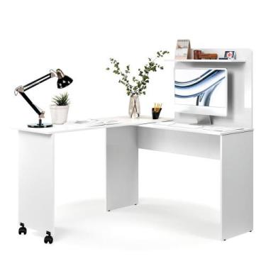 Imagem de Escrivaninha em L 2 em 1 com Rodízios e Prateleira - EJ Móveis, Branco