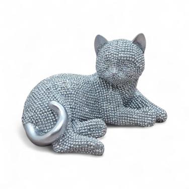 Imagem de Estátua de Gato Deitado em Resina Prata com Brilho 11 cm