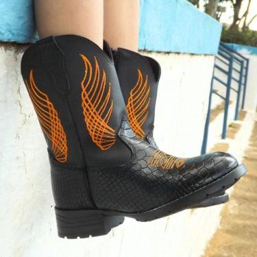Imagem de Bota Texana Infantil Unissex em Couro Legítimo Preto Estampa de Cobra 