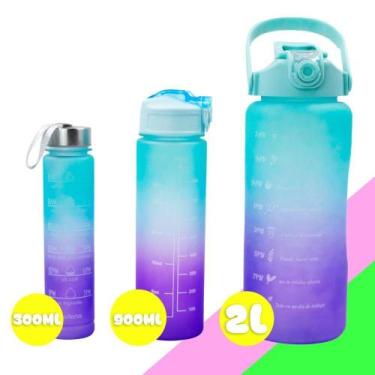 Imagem de Kit 3 Garrafas Squeeze Degrade para Água 2L 900ml 300ml Plástico com T