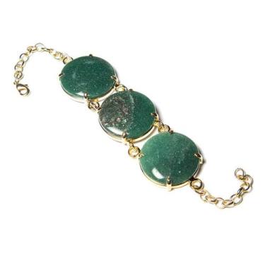 Imagem de Bracelete Dourado 3 Pedras Quartzo Verde Lapidação Cabochão - Cristais