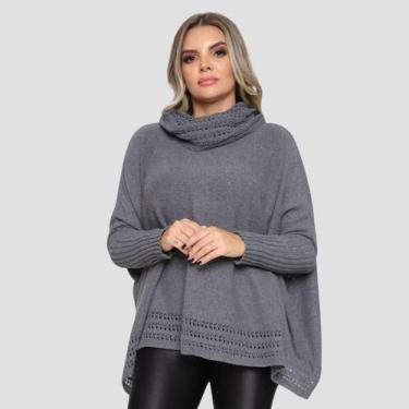 Imagem de Poncho Feminino Tricot Mousse Liso Gola Alta Casaco Lã Inverno - GIP, 
