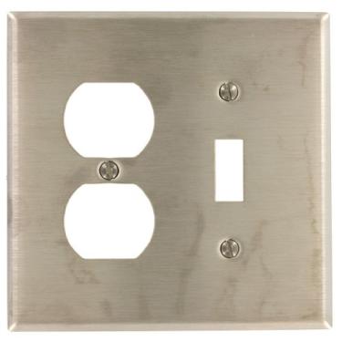 Imagem de Leviton SSJ18-40 2 entradas, 1 interruptor, 1 tomada duplex de aço inoxidável, placa de parede de tamanho intermediário, aço inoxidável