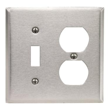 Imagem de Leviton 84005-40 placa de parede com combinação de dispositivo duplo 1-Toggle 1, tamanho padrão, suporte de dispositivo, aço inoxidável