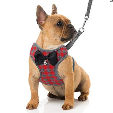 Imagem de Yajun Conjunto de coleira e peitoral para cães pequenos, adestramento para caminhar do seu filhote, malha acolchoada, xadrez, à prova de fuga, vermelho, P (1,5-4 kg)