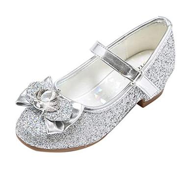 Imagem de Sapato feminino Mary Jane com glitter, salto baixo, princesa, flor, vestido de festa, sapato para crianças pequenas, T13-silver, 1 Big Kid