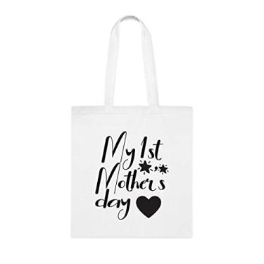 Imagem de Sacola engraçada do meu primeiro dia das mães, para mãe, bolsa de ombro para mãe, bolsas reutilizáveis para mãe, presente para mãe da filha favorita, filho e filhos, Branco