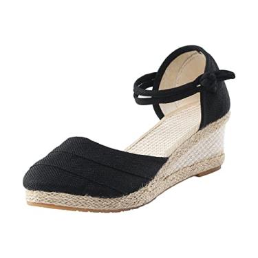 Imagem de Sandálias femininas onduladas de linho plataforma sandálias plataforma fashion versátil trançadas huarache sandálias femininas bico fechado, Preto, 9